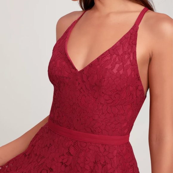 Wine Red Lace Backless Skater Dress - Picture 3 of 4